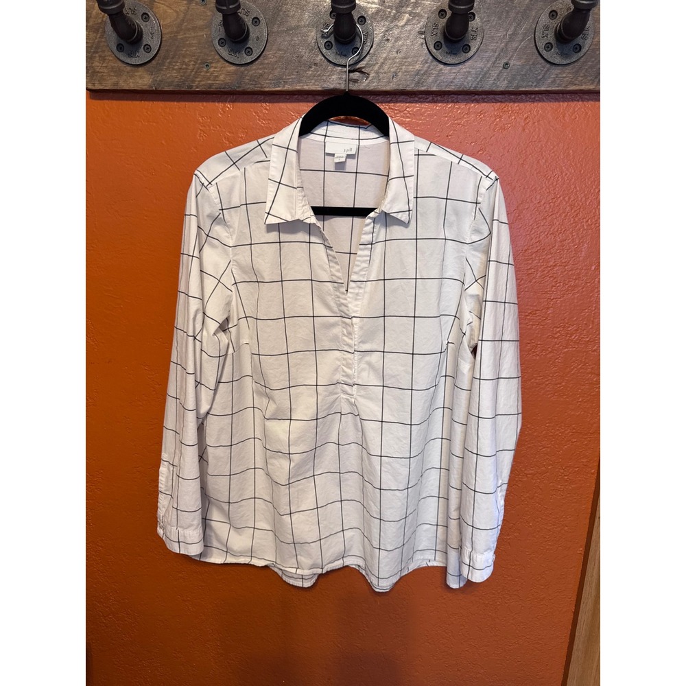 J. Jill Womens Large White Grey Windowpane Grid Cotton Blend Popover Tunic Top